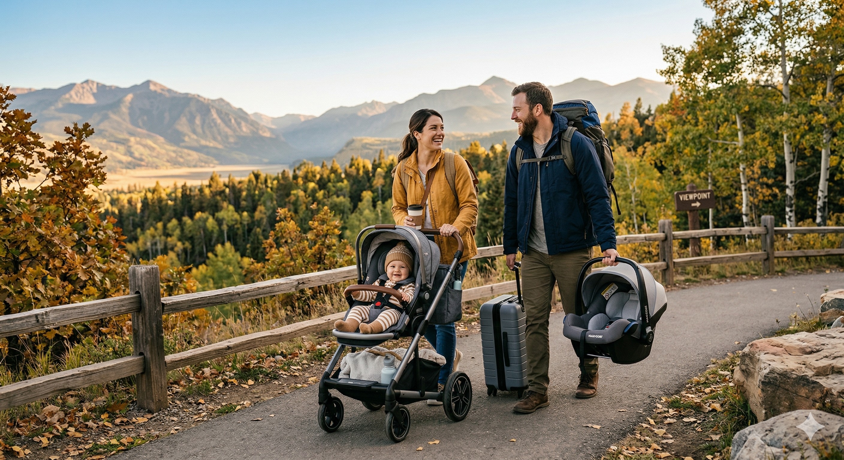 Happy family with baby gear